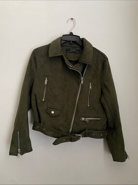ZARA Outwear Olive Green Faux Suede Belted Moto Biker Jacket Women's Size Large